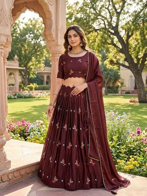 Chocolate Brown Rangoli Silk Embroidery Work Fully Stitched Lehenga Choli Set flat lay view by The Beauty Queen