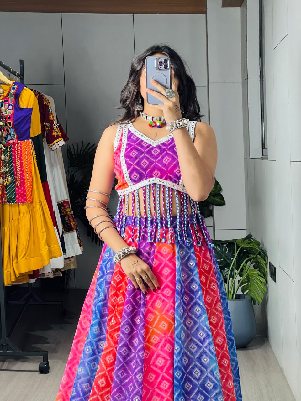 Multicolored Bandhani Faux Print & Foil Print Kali Work Navratri Lehenga Choli Set