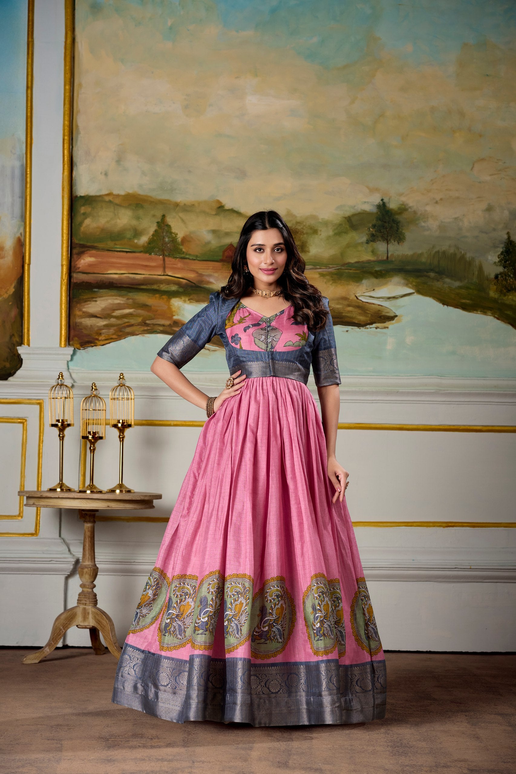 Pink Dola Silk Kalamkari Print With Zari Weaving Broder Work Gown With Koti