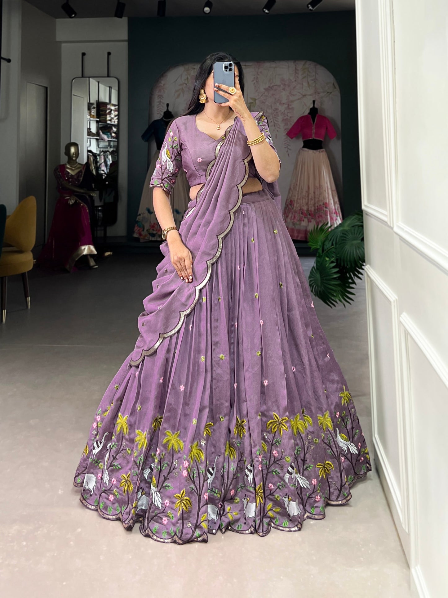 Lavender Vichitra Simmer Sequins And Thread Embroidery Work Lehenga