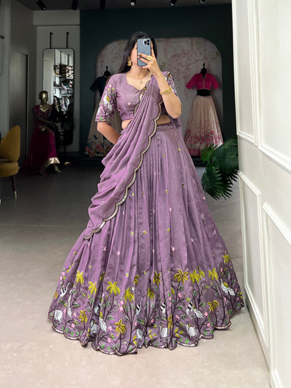 Lavender Vichitra Simmer Sequins And Thread Embroidery Work Lehenga