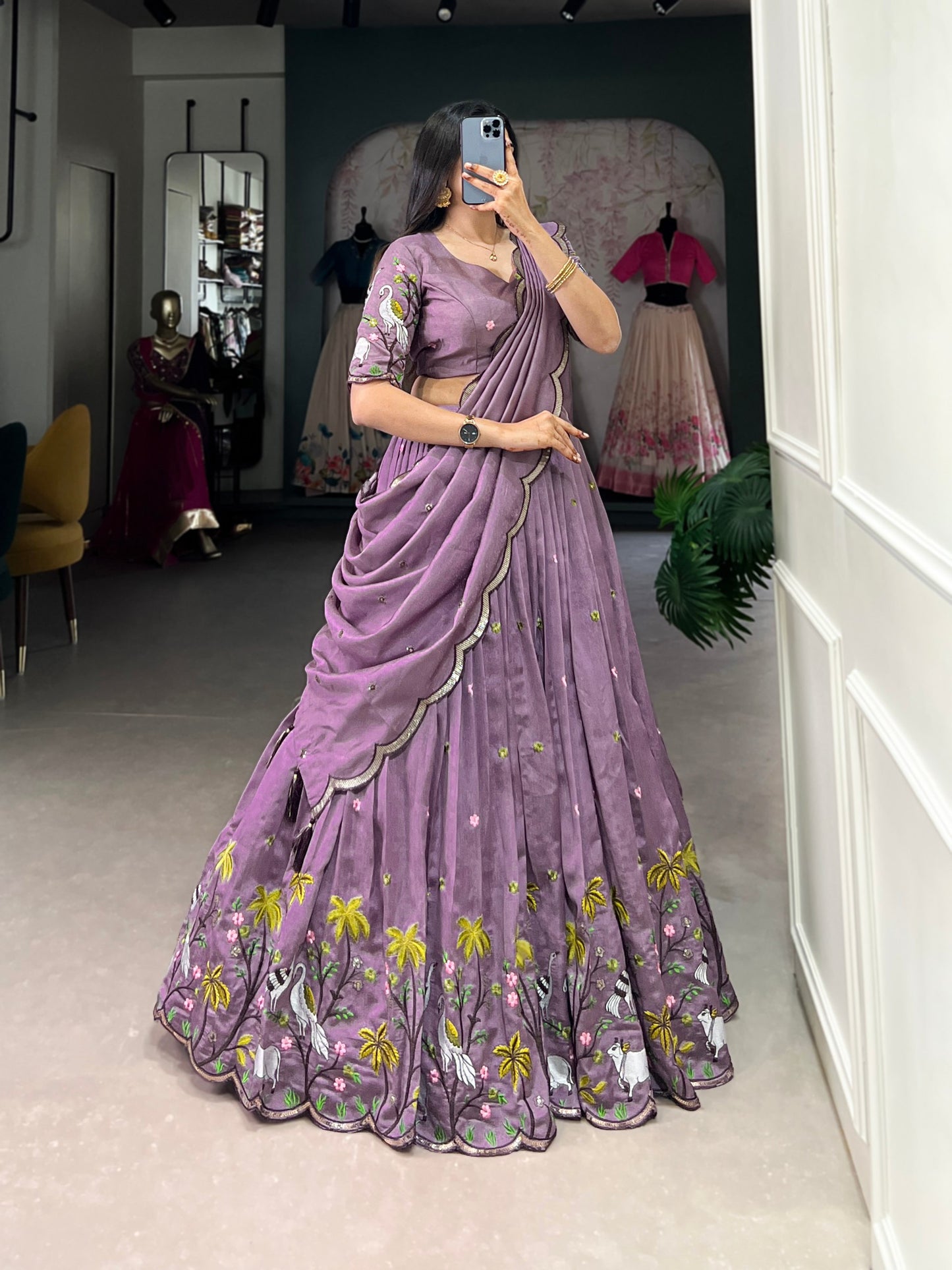 Lavender Vichitra Simmer Sequins And Thread Embroidery Work Lehenga