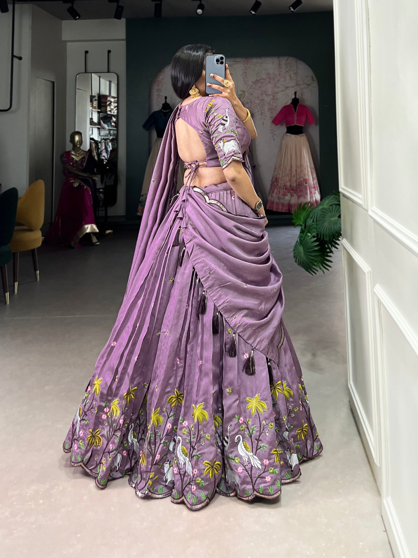 Lavender Vichitra Simmer Sequins And Thread Embroidery Work Lehenga