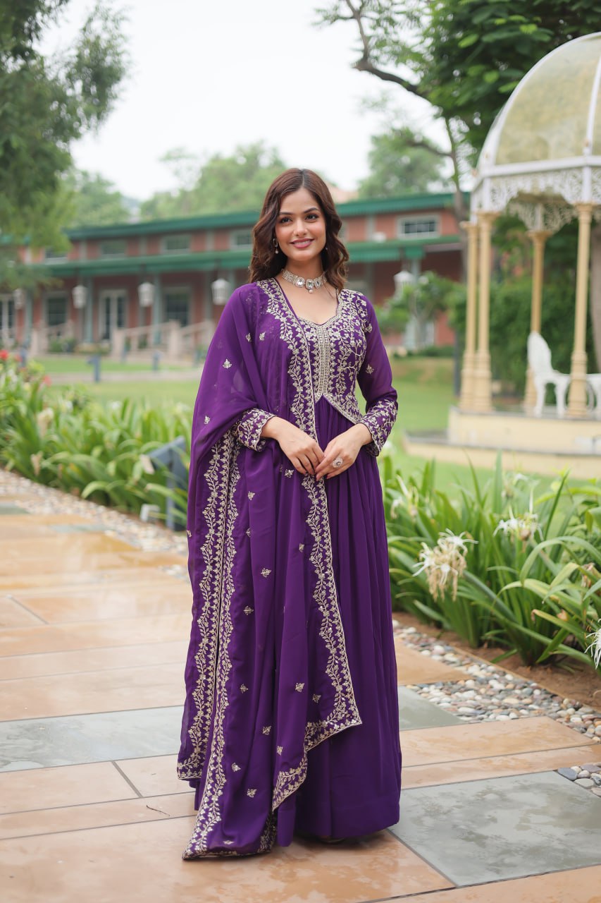 Purple Faux Blooming With Sequins Multi and Zari Embroidered Work Gown