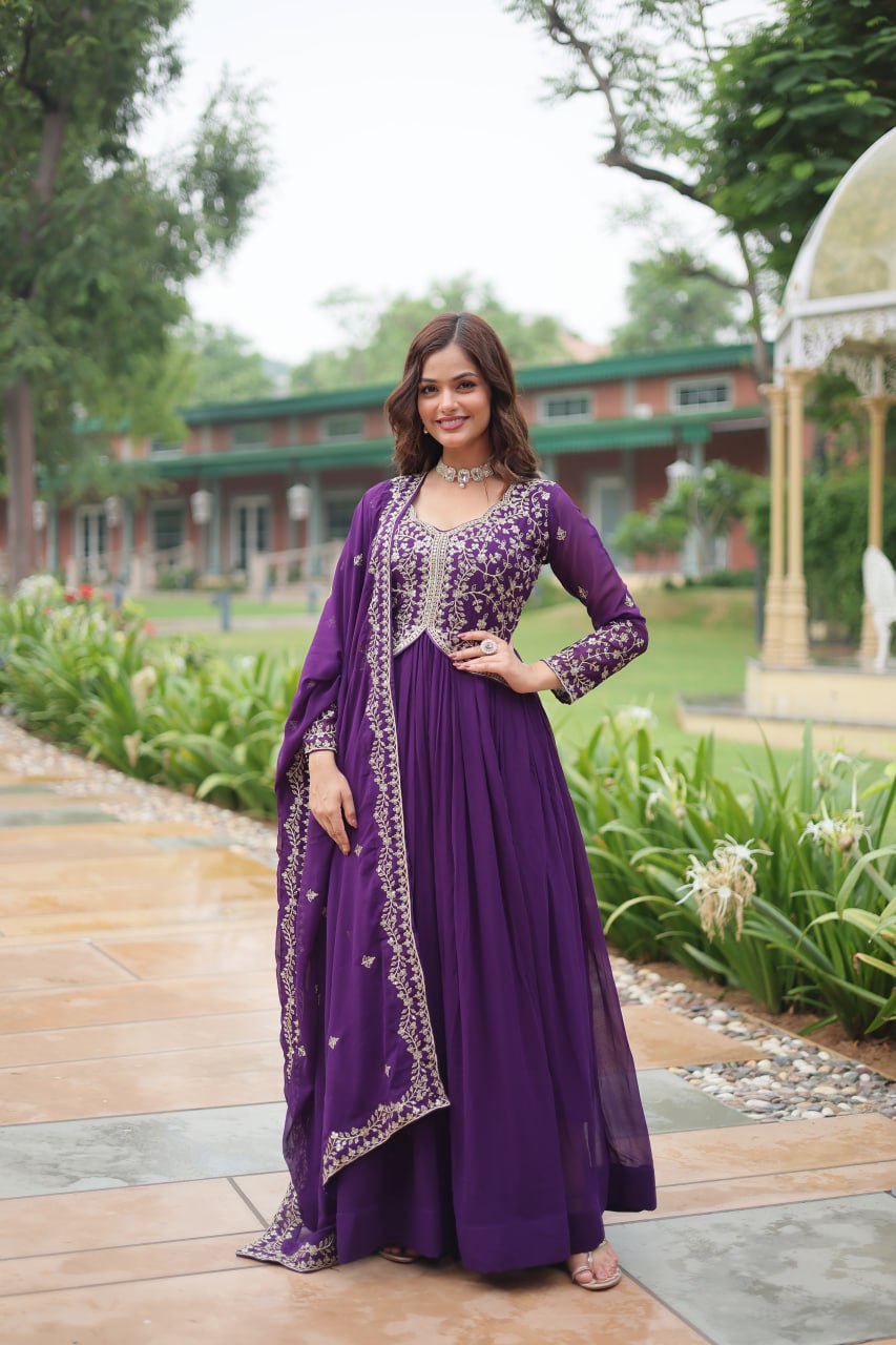 Purple Faux Blooming With Sequins Multi and Zari Embroidered Work Gown