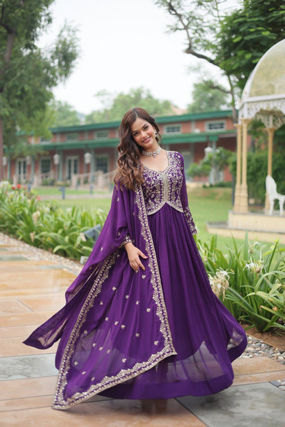 Purple Faux Blooming With Sequins Multi and Zari Embroidered Work Gown