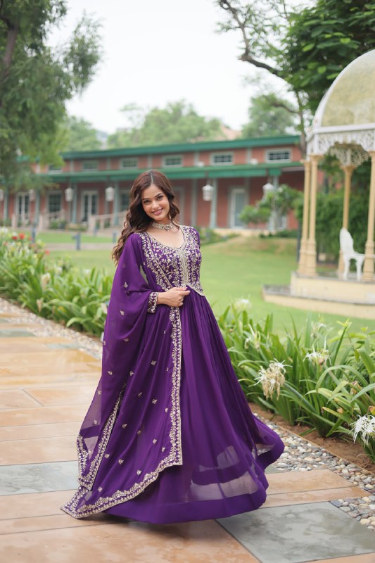 Purple Faux Blooming With Sequins Multi and Zari Embroidered Work Gown