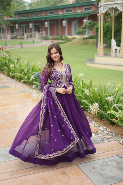 Purple Faux Blooming With Sequins Multi and Zari Embroidered Work Gown