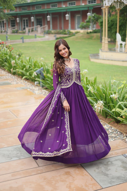 Purple Faux Blooming With Sequins Multi and Zari Embroidered Work Gown