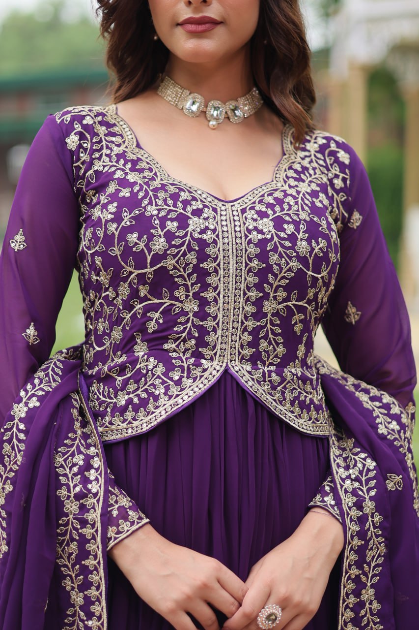 Purple Faux Blooming With Sequins Multi and Zari Embroidered Work Gown