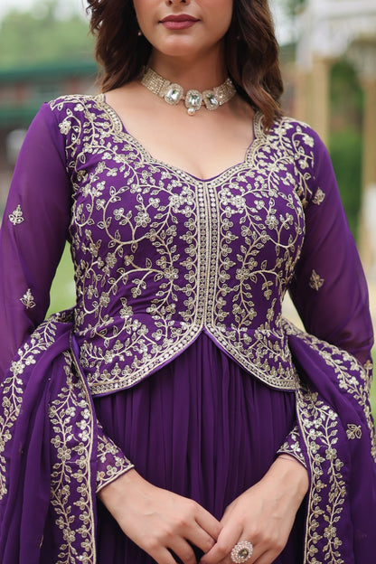 Purple Faux Blooming With Sequins Multi and Zari Embroidered Work Gown