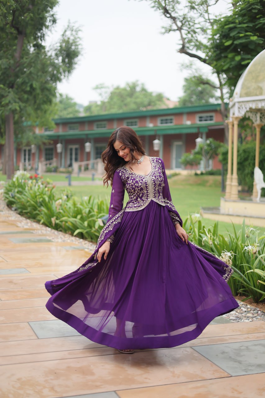 Purple Faux Blooming With Sequins Multi and Zari Embroidered Work Gown