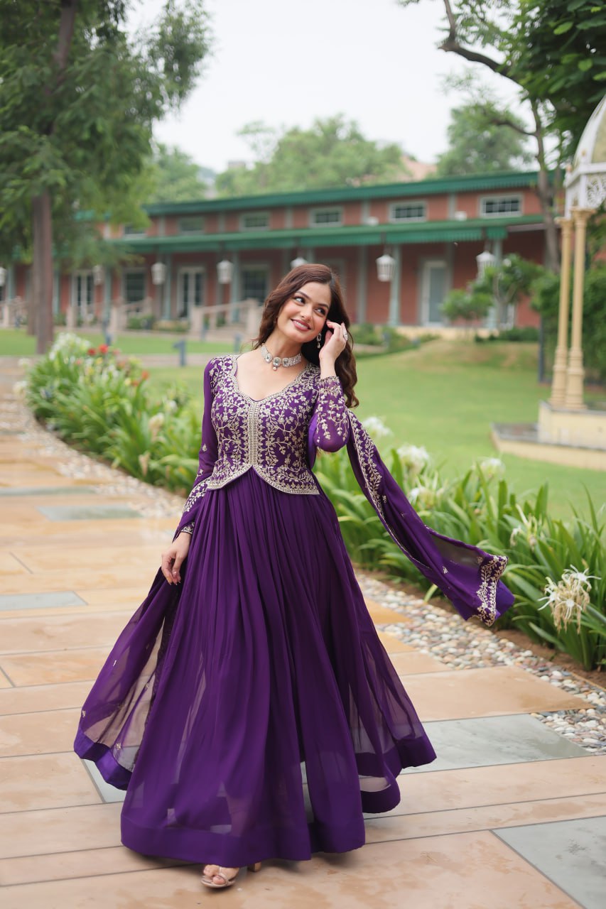 Purple Faux Blooming With Sequins Multi and Zari Embroidered Work Gown