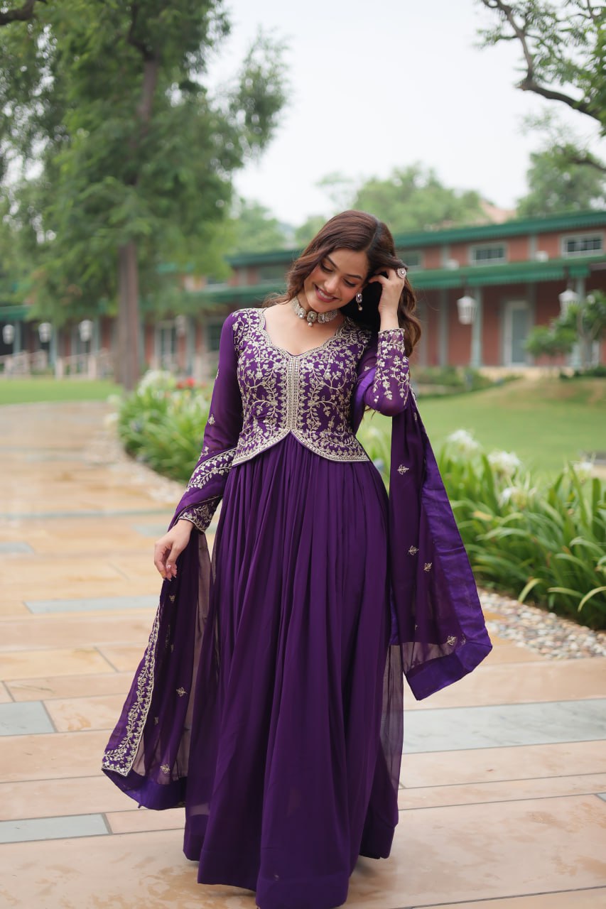 Purple Faux Blooming With Sequins Multi and Zari Embroidered Work Gown