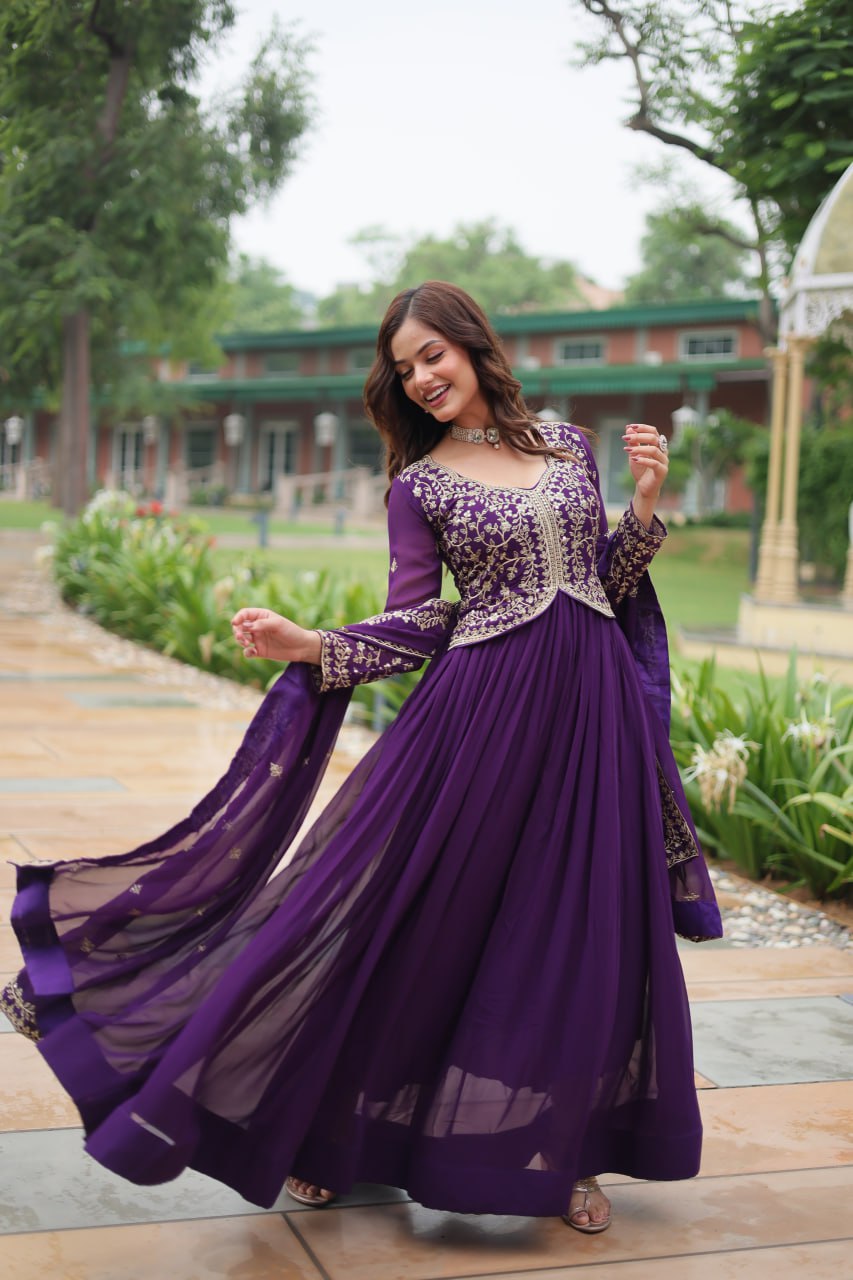 Purple Faux Blooming With Sequins Multi and Zari Embroidered Work Gown