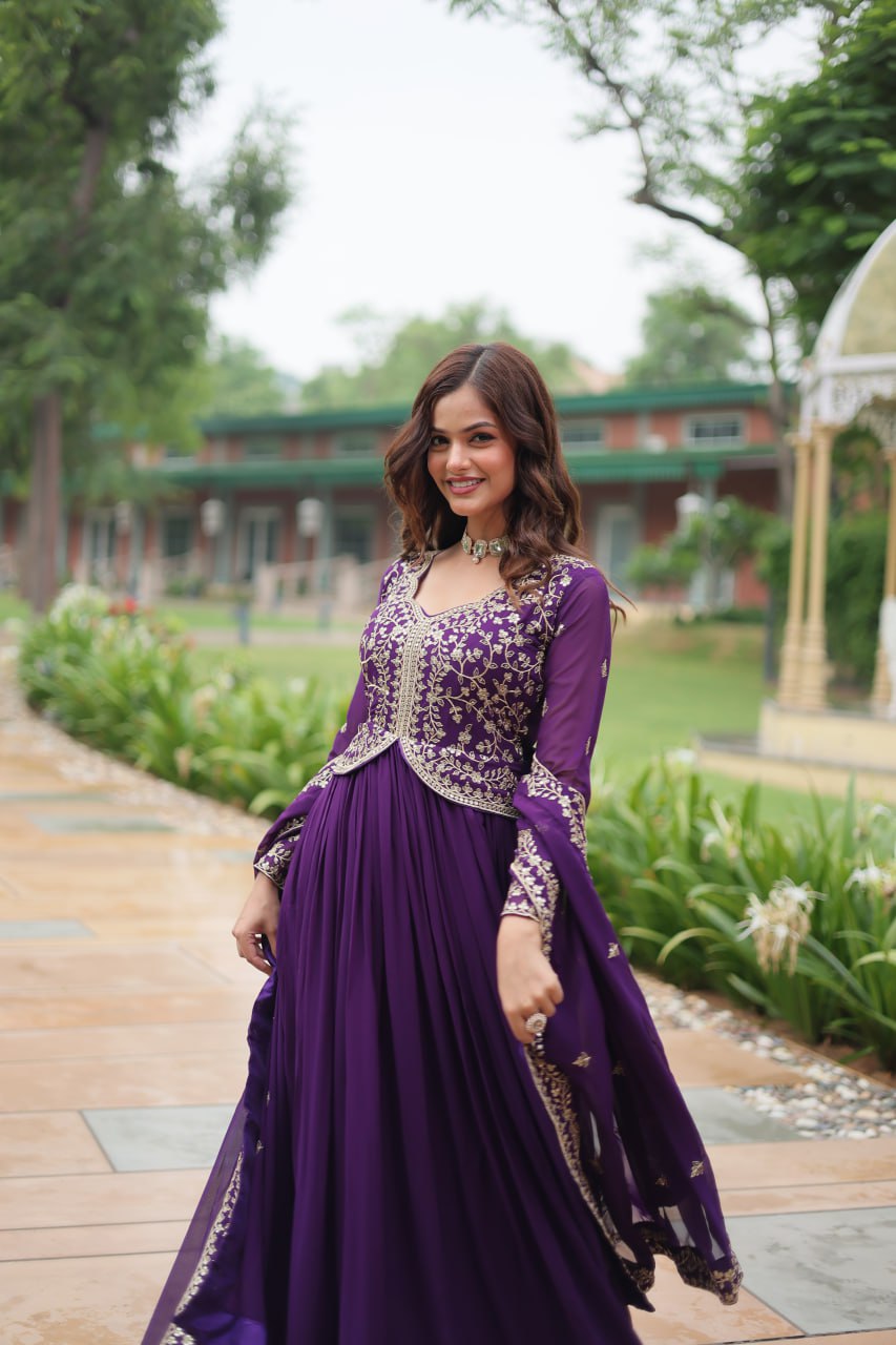 Purple Faux Blooming With Sequins Multi and Zari Embroidered Work Gown