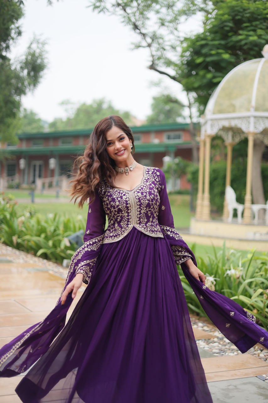 Purple Faux Blooming With Sequins Multi and Zari Embroidered Work Gown