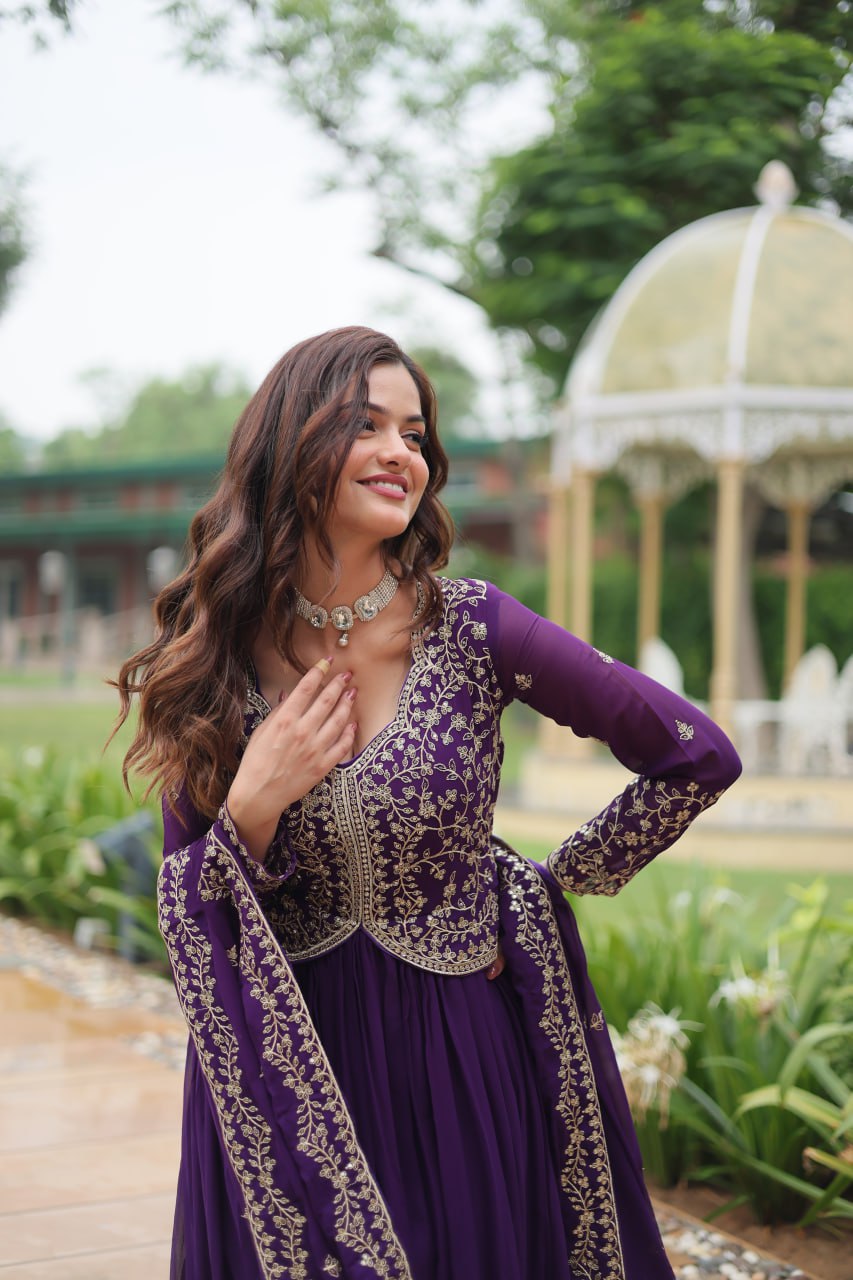 Purple Faux Blooming With Sequins Multi and Zari Embroidered Work Gown