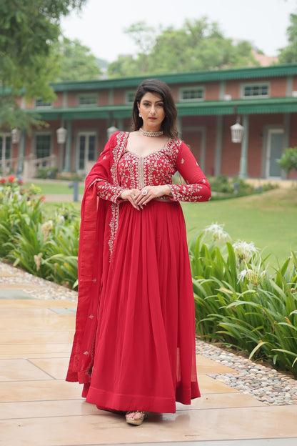 Red Faux Blooming With Sequins Multi and Zari Embroidered Work Gown