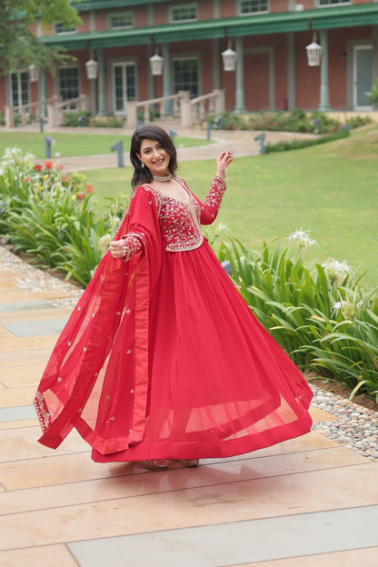 Red Faux Blooming With Sequins Multi and Zari Embroidered Work Gown