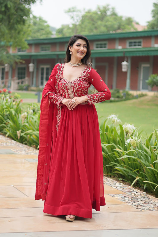 Red Faux Blooming With Sequins Multi and Zari Embroidered Work Gown