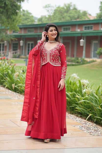 Red Faux Blooming With Sequins Multi and Zari Embroidered Work Gown