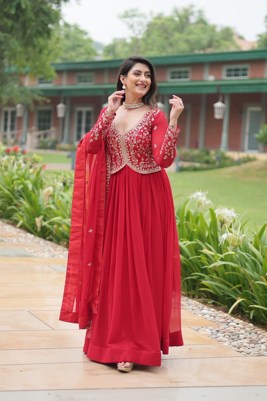 Red Faux Blooming With Sequins Multi and Zari Embroidered Work Gown