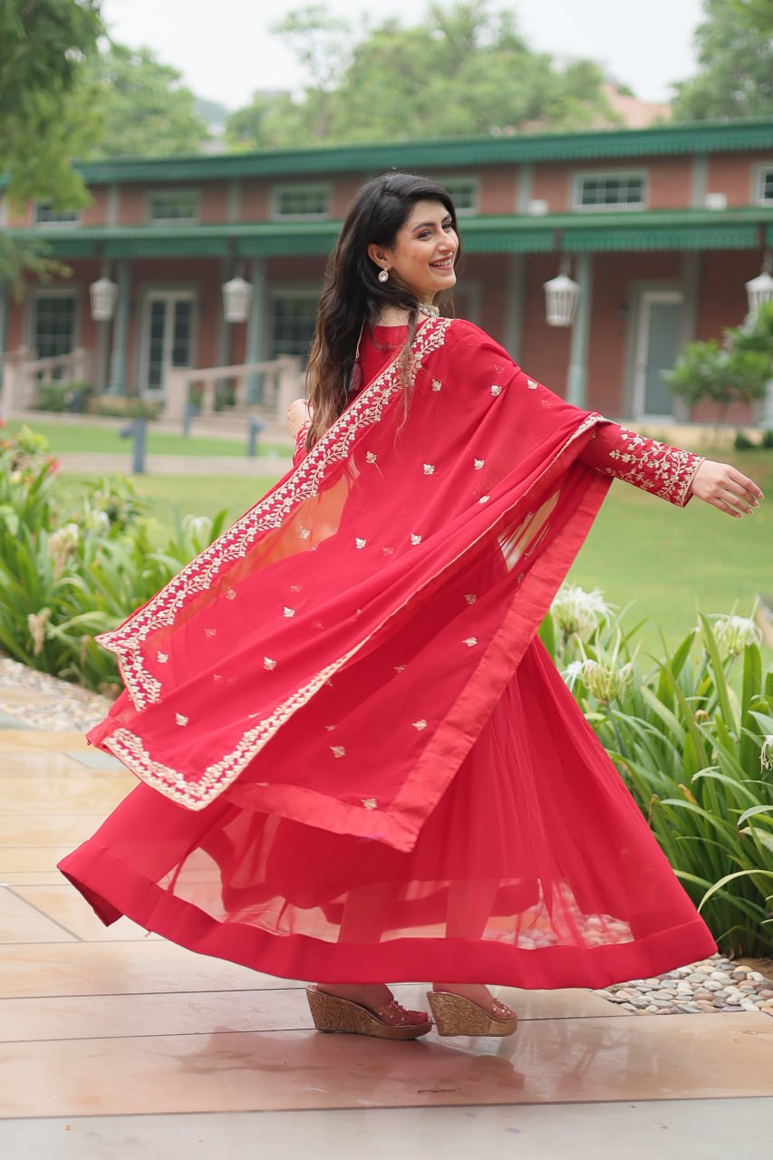 Red Faux Blooming With Sequins Multi and Zari Embroidered Work Gown