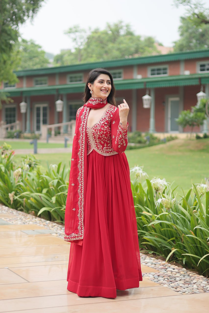 Red Faux Blooming With Sequins Multi and Zari Embroidered Work Gown