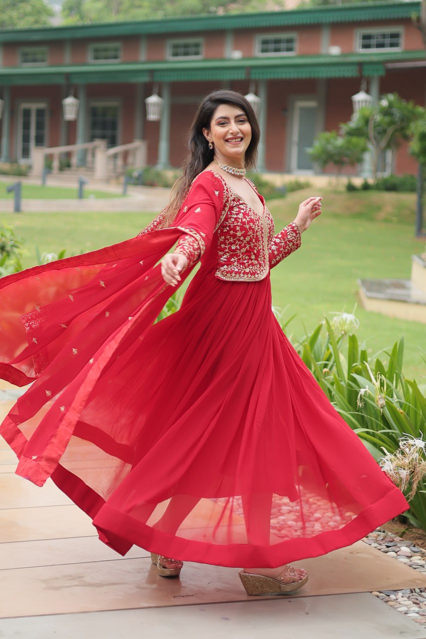 Red Faux Blooming With Sequins Multi and Zari Embroidered Work Gown