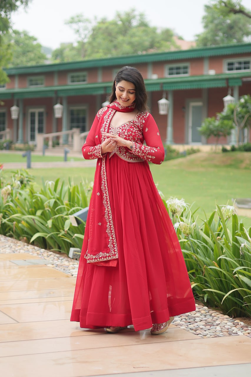 Red Faux Blooming With Sequins Multi and Zari Embroidered Work Gown