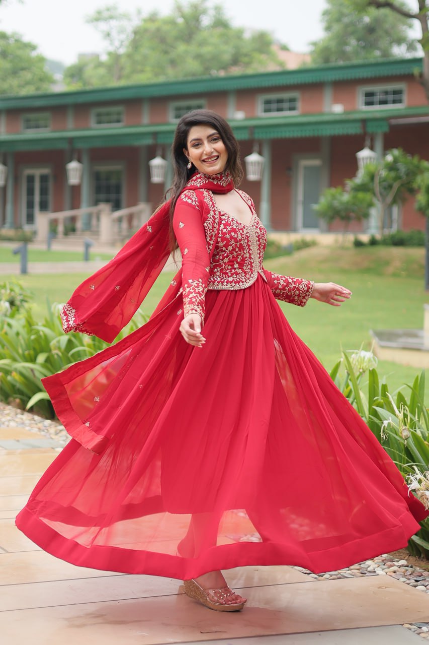 Red Faux Blooming With Sequins Multi and Zari Embroidered Work Gown