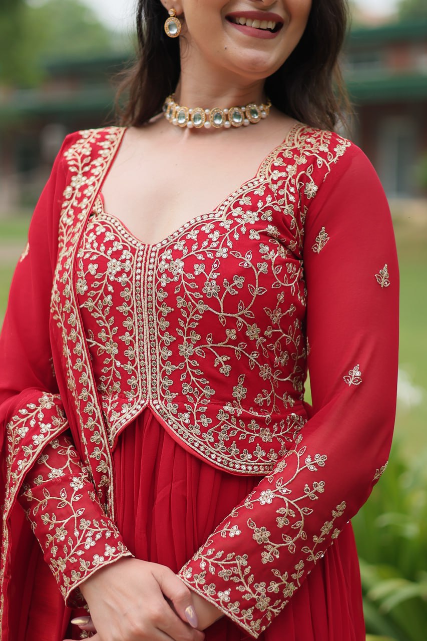 Red Faux Blooming With Sequins Multi and Zari Embroidered Work Gown