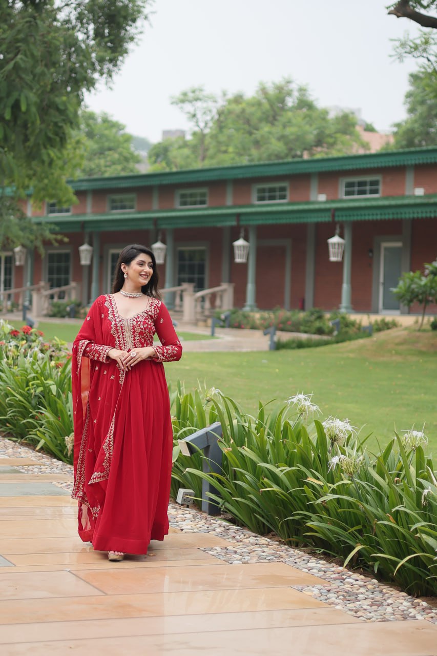 Red Faux Blooming With Sequins Multi and Zari Embroidered Work Gown