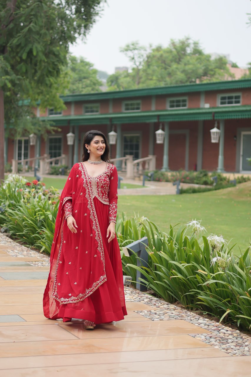 Red Faux Blooming With Sequins Multi and Zari Embroidered Work Gown