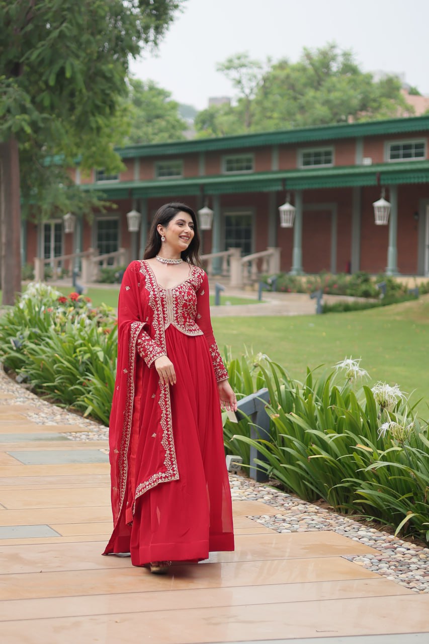 Red Faux Blooming With Sequins Multi and Zari Embroidered Work Gown