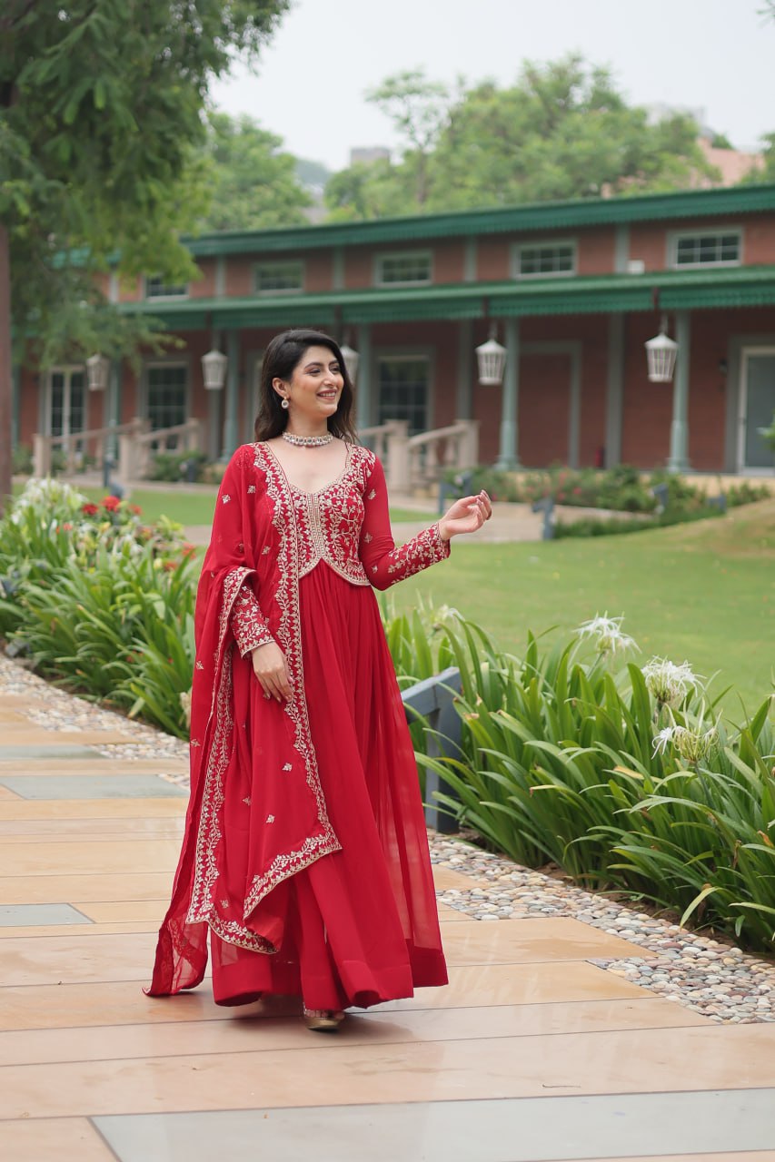 Red Faux Blooming With Sequins Multi and Zari Embroidered Work Gown