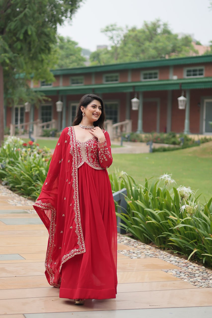 Red Faux Blooming With Sequins Multi and Zari Embroidered Work Gown