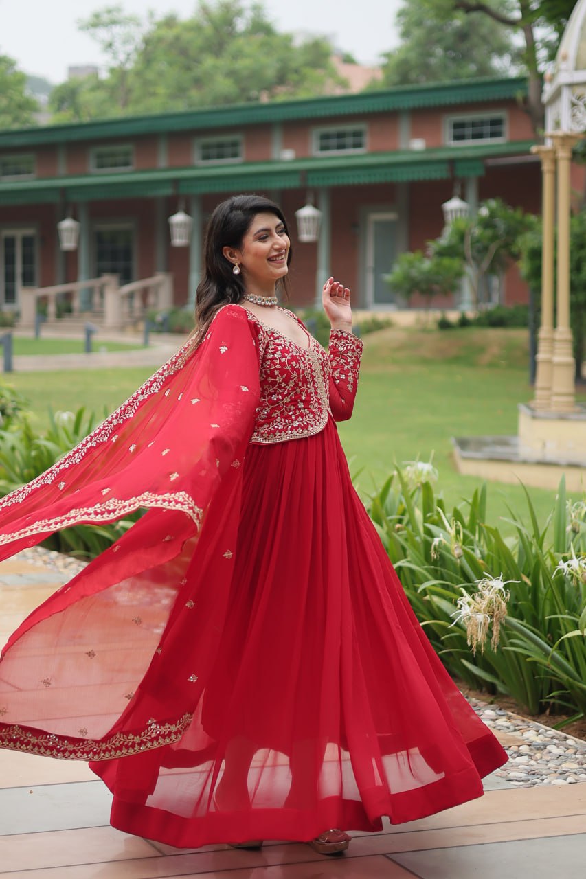 Red Faux Blooming With Sequins Multi and Zari Embroidered Work Gown