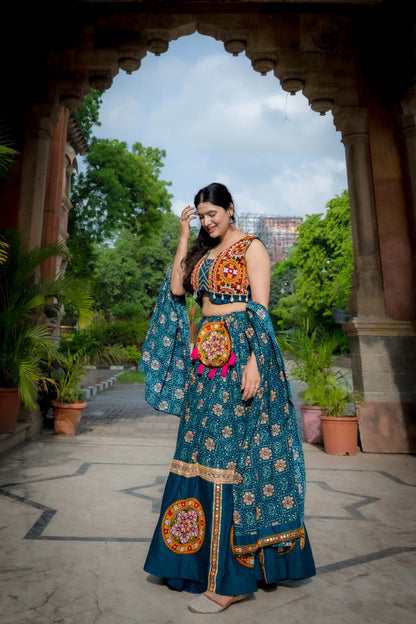 Teal Blue Pure Rayon Printed With Foil Work And Gamthi Patch Work Navratri Lehenga Choli