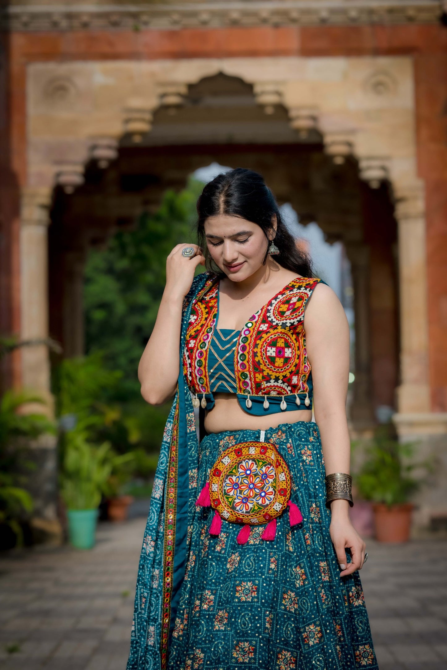Teal Blue Pure Rayon Printed With Foil Work And Gamthi Patch Work Navratri Lehenga Choli