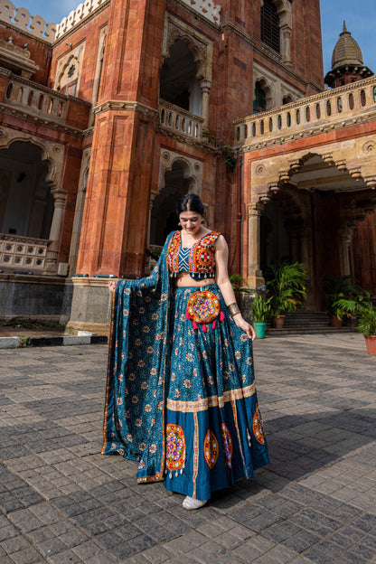 Teal Blue Pure Rayon Printed With Foil Work And Gamthi Patch Work Navratri Lehenga Choli