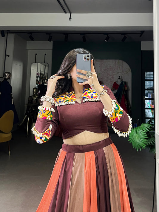 Coffee Pure Rayon Embossed Design Work Navratri Lehenga Choli