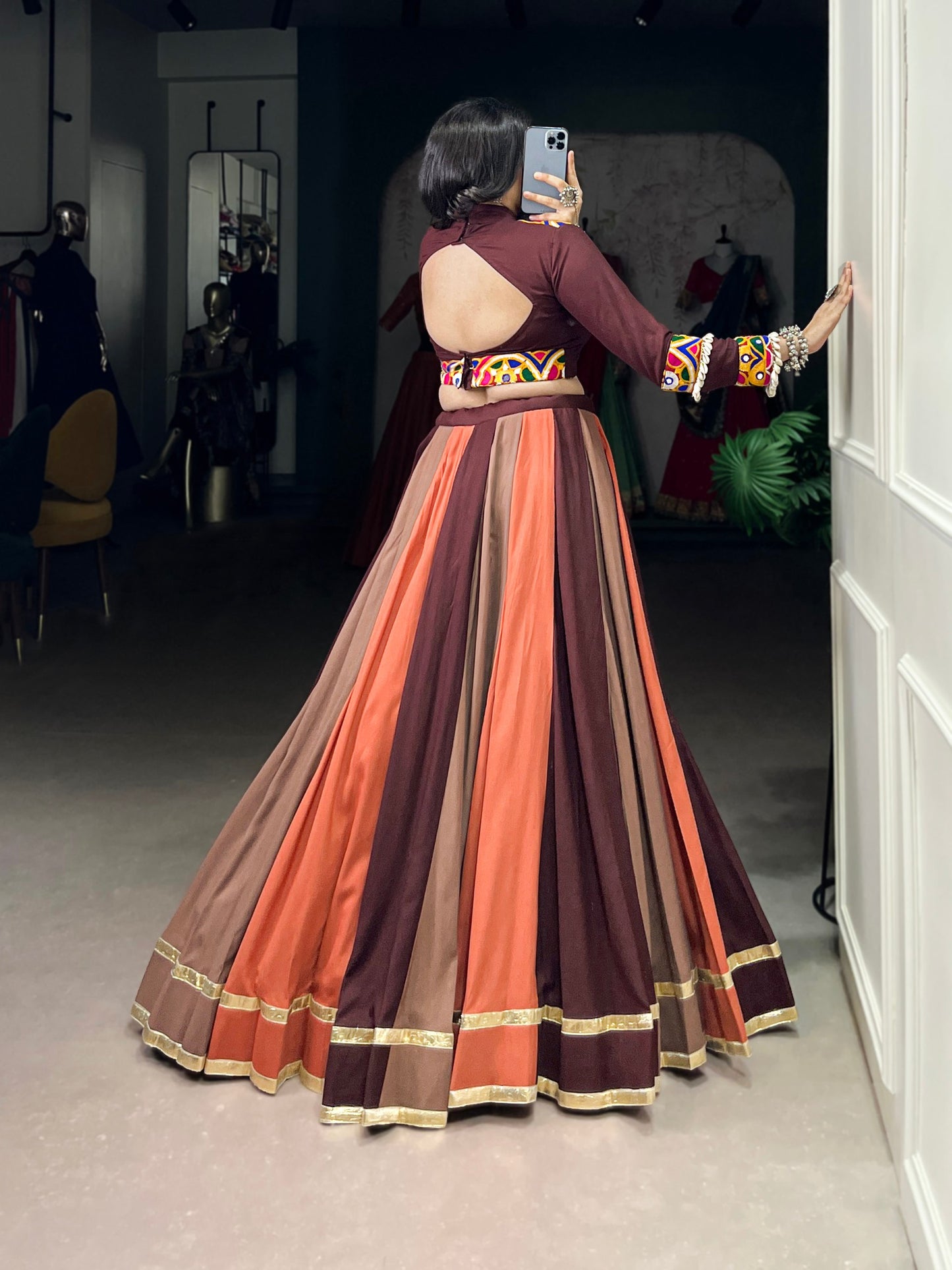 Coffee Pure Rayon Embossed Design Work Navratri Lehenga Choli