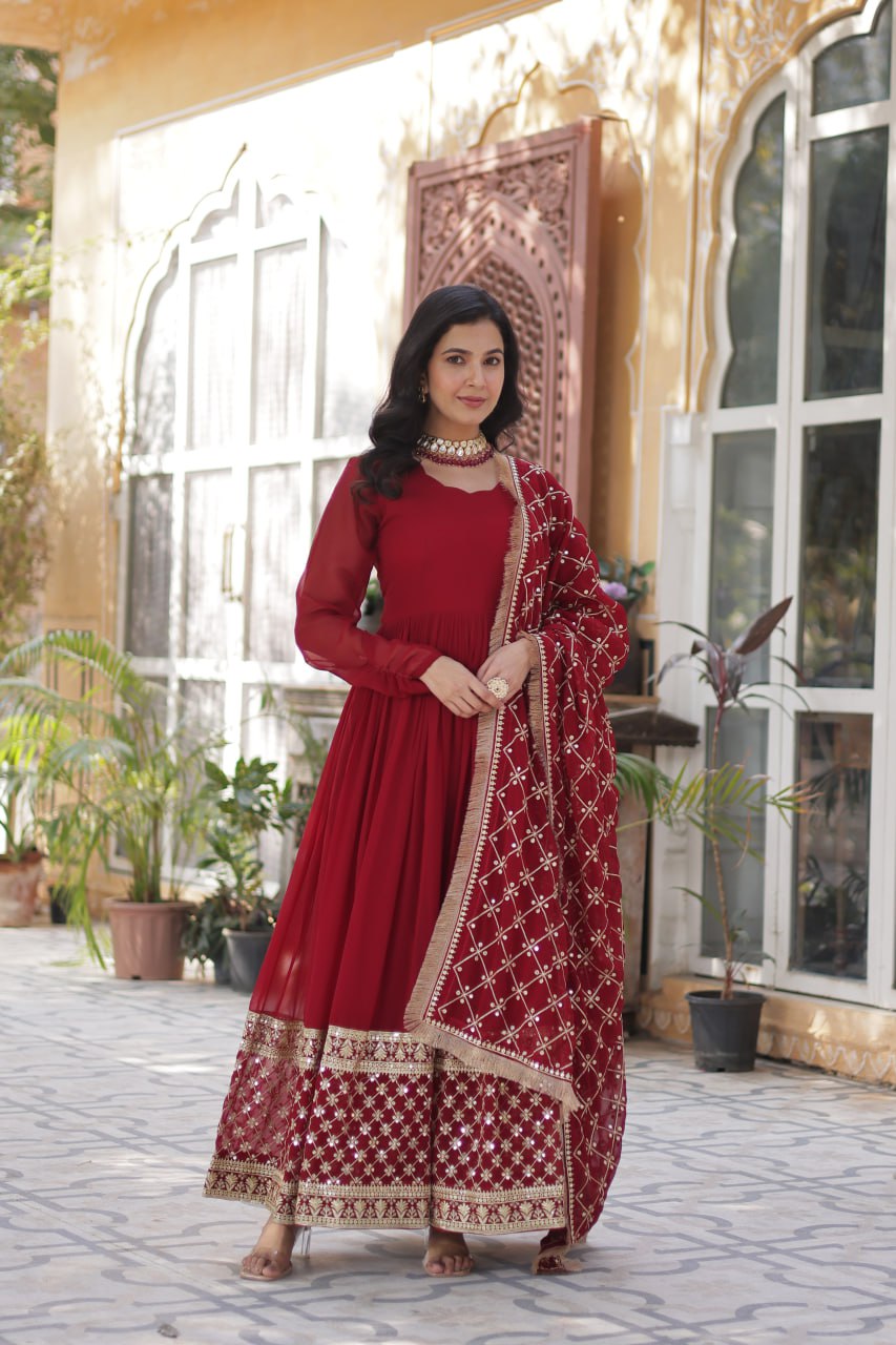 Maroon Faux Blooming With Embroidery Zari Sequins Work Gown