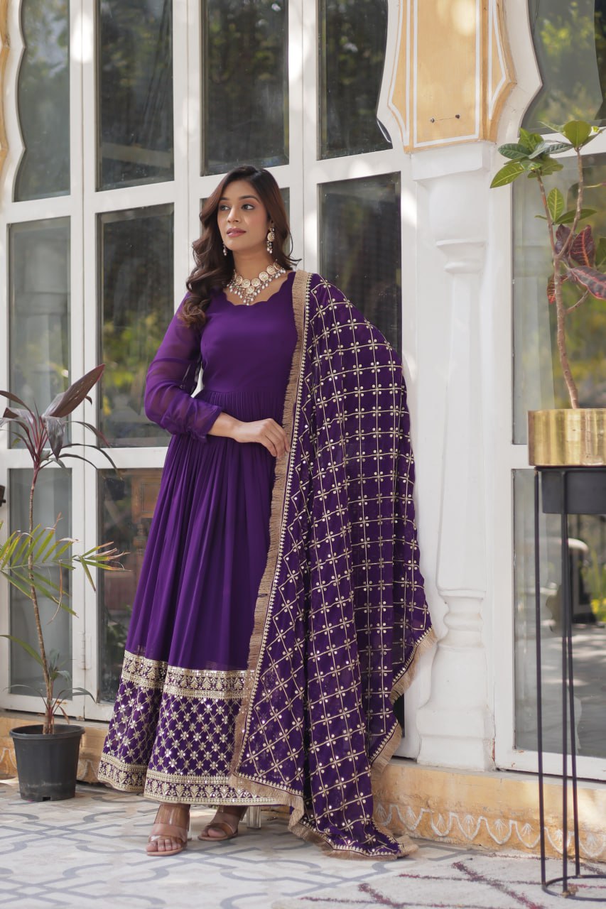 Purple Faux Blooming With Embroidery Zari Sequins Work Gown