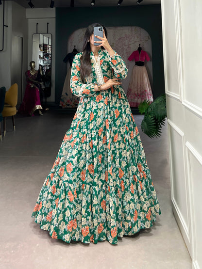 Green Georgette Triple-layer Floral Printed Gown