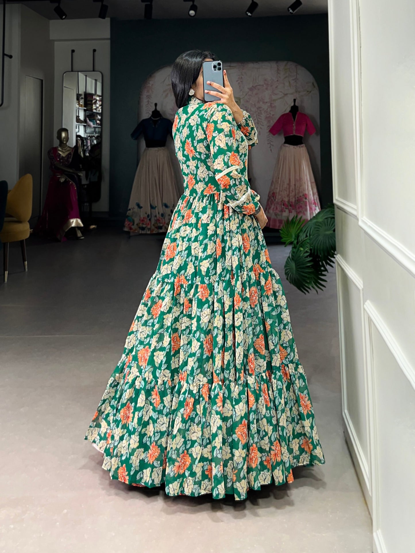 Green Georgette Triple-layer Floral Printed Gown