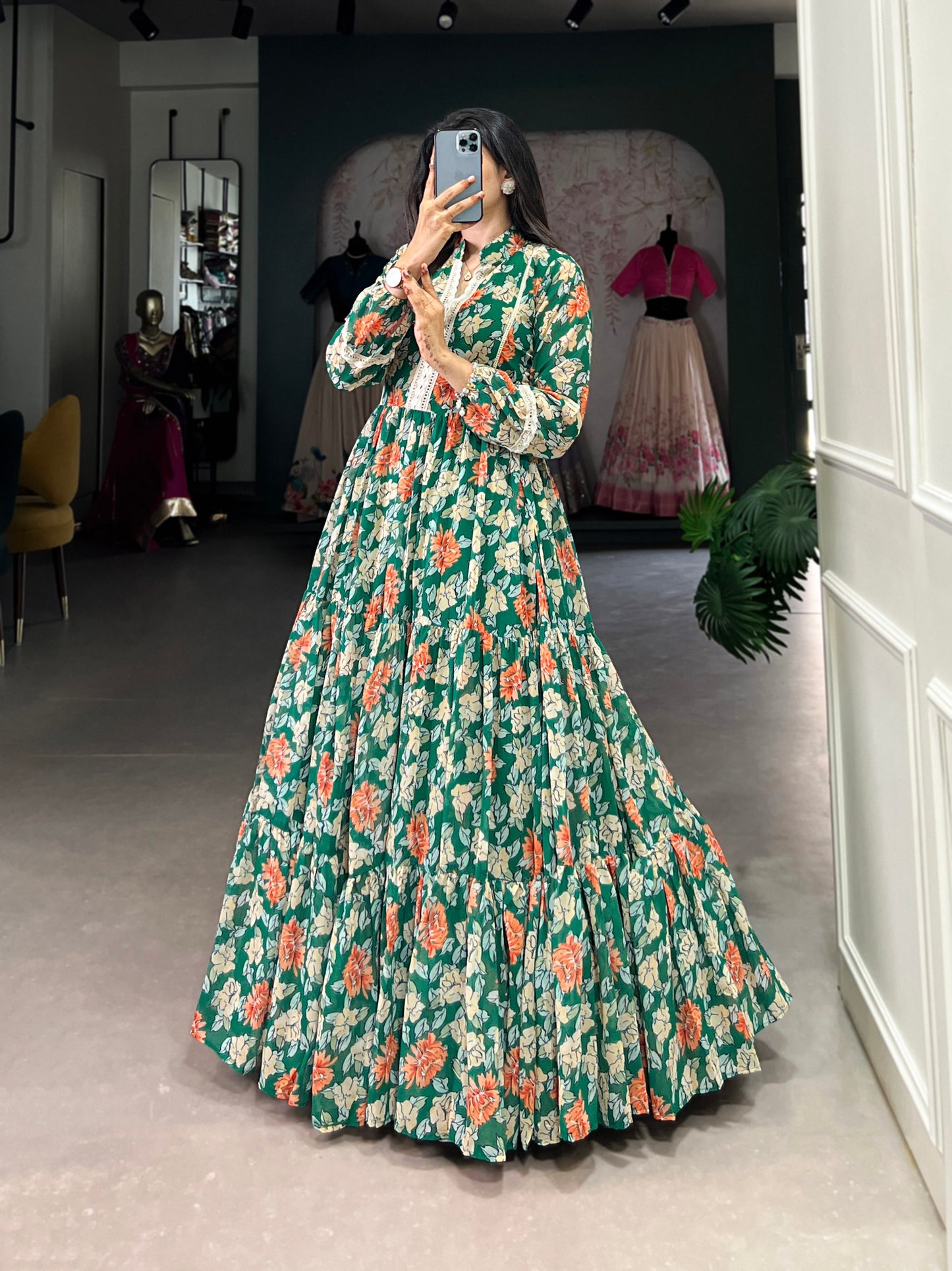 Green Georgette Triple-layer Floral Printed Gown