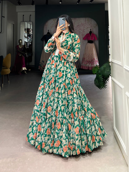 Green Georgette Triple-layer Floral Printed Gown